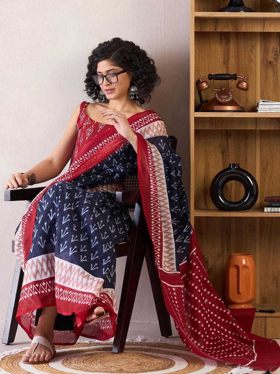 Dark Blue Mulmul Cotton Saree with White Block Print & Red - SR-KEP10