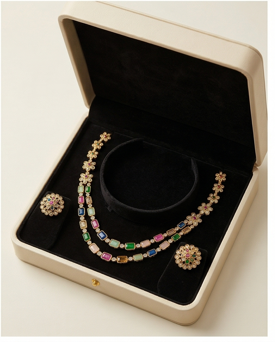 Navaratna double layer Necklace with Earrings (NRW36)