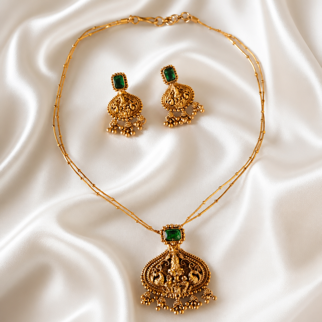 Lakshmi Pendant with double layered chain with Earrings - Green (NRW-62)