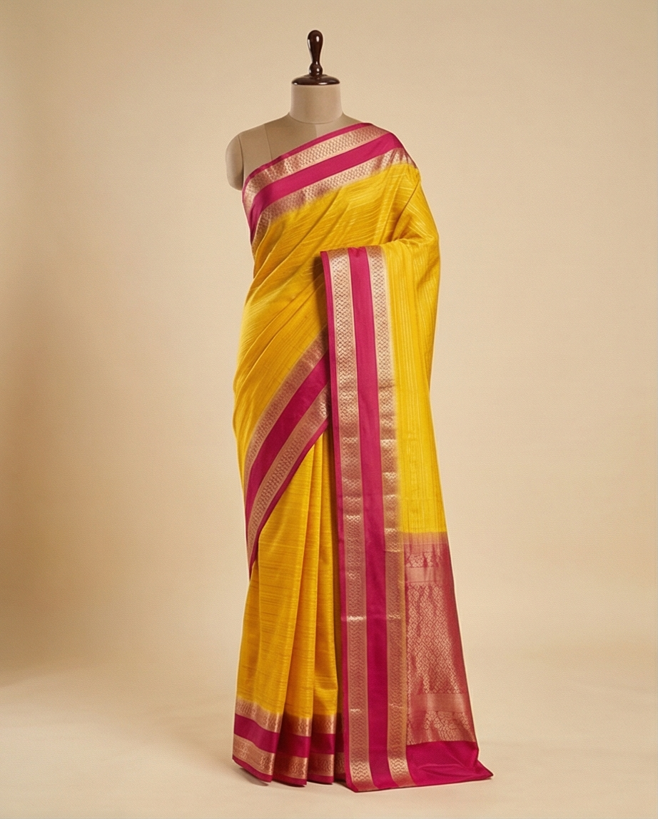 Yellow saree with pink and gold border on a mannequin