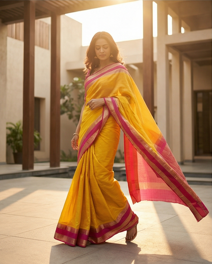 Woman in a yellow saree with pink border standing in outdoor lighting