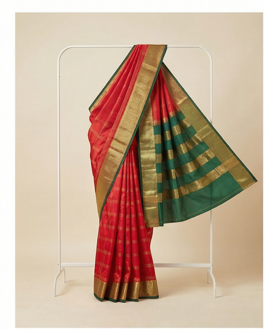 Red and green saree with gold border