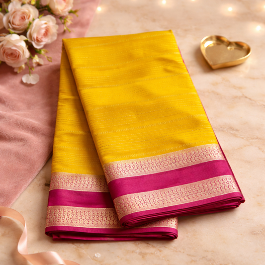 Yellow saree with pink border