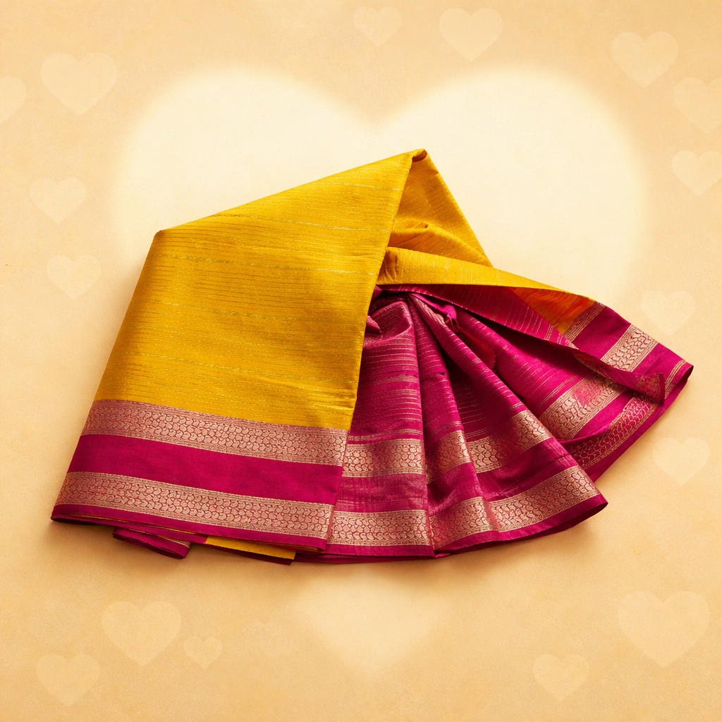 Yellow and pink saree with a subtle pattern