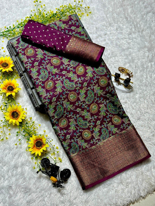 Soft black dola silk sarees-kalamkari design - SR-SCP2 -Purple