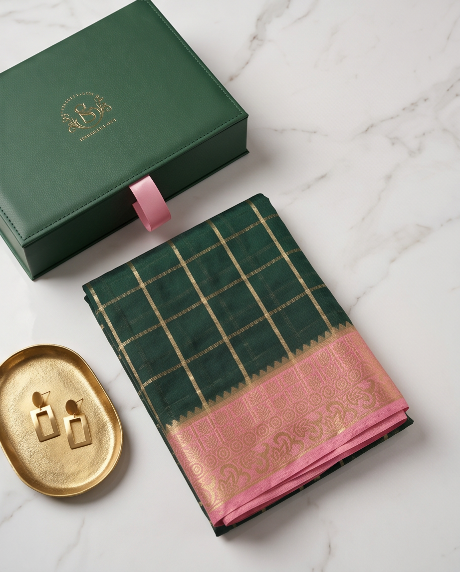 Classic Checkered Silk Saree with Grand Zari Border-Dark green with pink (SR-PSMP30)