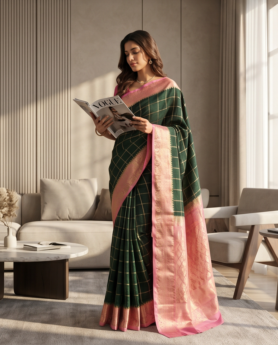 Classic Checkered Silk Saree with Grand Zari Border-Dark green with pink (SR-PSMP30)