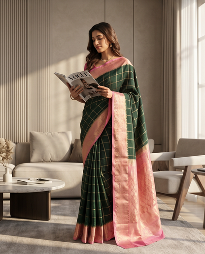 Classic Checkered Silk Saree with Grand Zari Border-Dark green with pink (SR-PSMP30)