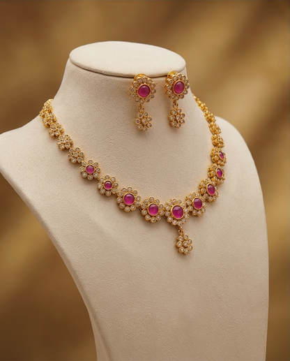 Stone Necklace with Earrings-Pink (NRW46-1)
