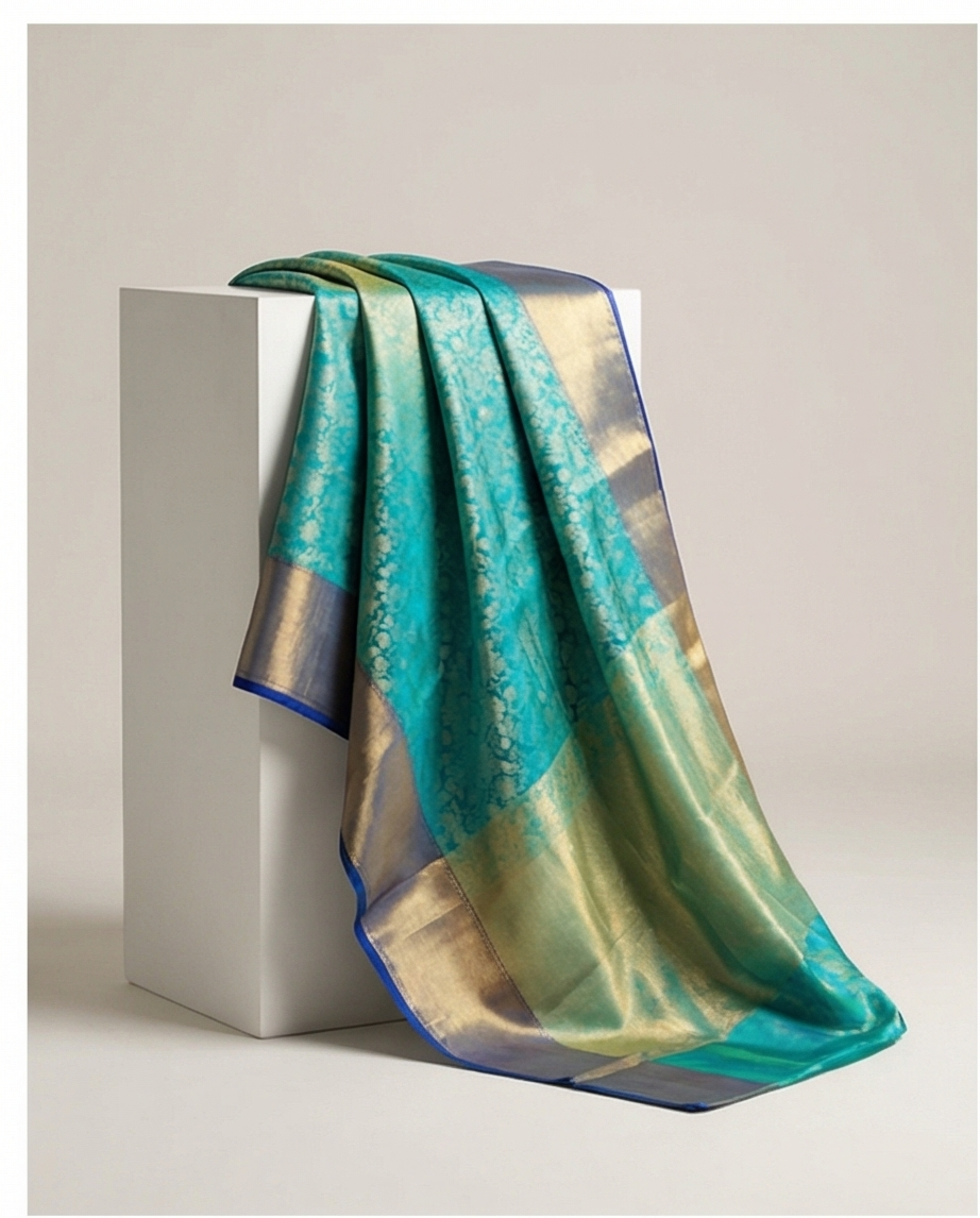 Teal Blue Banarasi Silk Saree with Gold Zari Border & Floral Jaal Weave - SR-SBP2