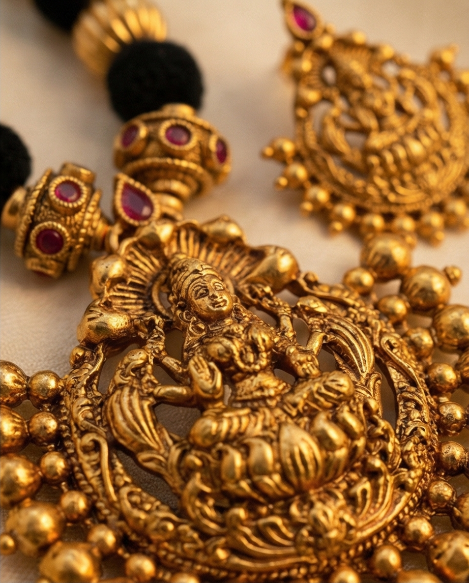 Black and golden beads Lakshmi Antic pendant short Haram with Earrings (NRW1)