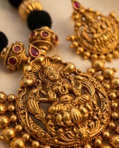 Black and golden beads Lakshmi Antic pendant short Haram with Earrings (NRW1)