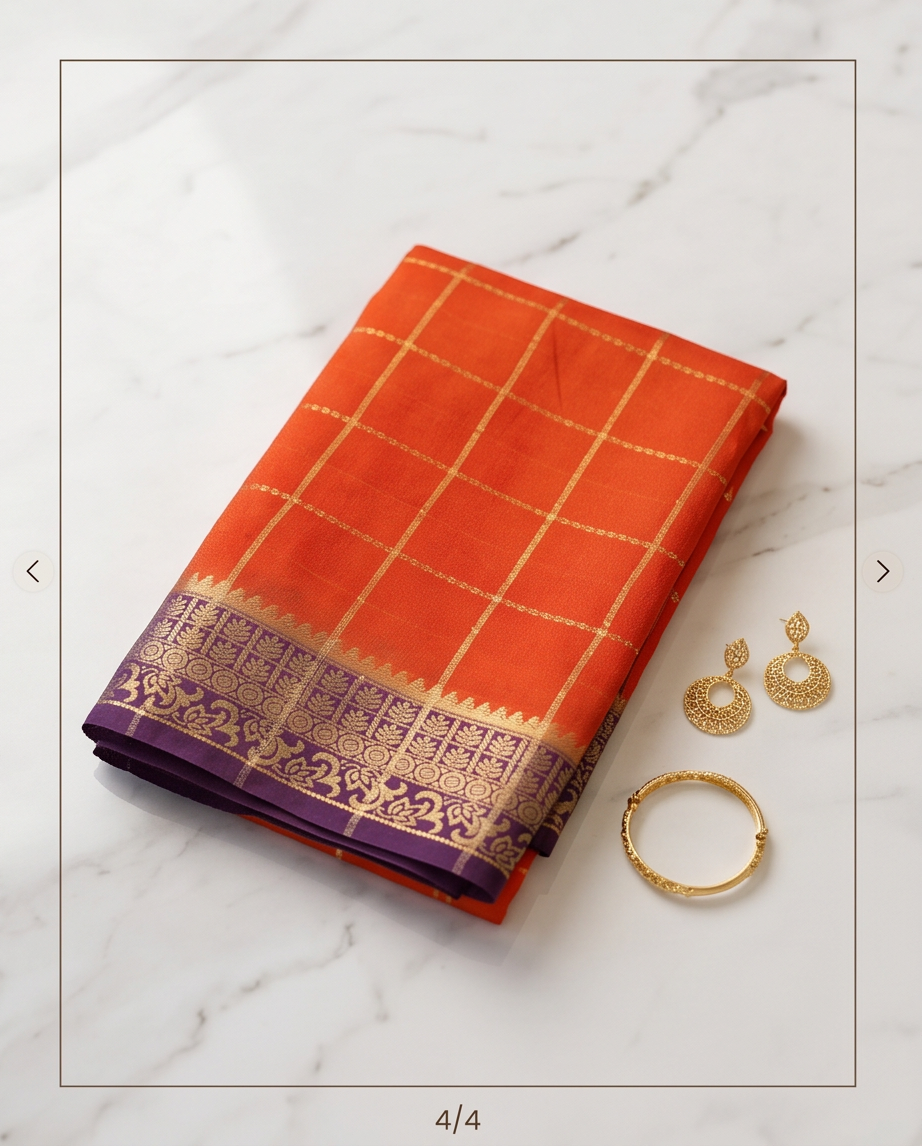 Classic Checkered Silk Saree with Grand Zari Border -orange with dark purple (SR-PSMP38)