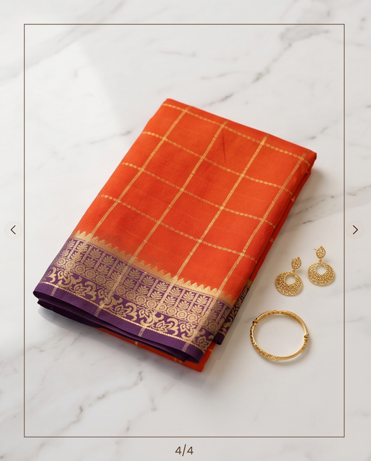 Classic Checkered Silk Saree with Grand Zari Border -orange with dark purple (SR-PSMP38)