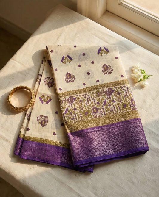 Soft Weave Saree – with Elephant Motifs - SR-PSMP61-Cream & Purple