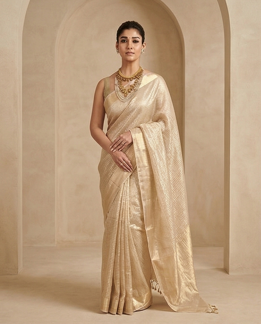 Nayanatara-Golden Tissue Checks Saree with Zari Border - SR-KP4