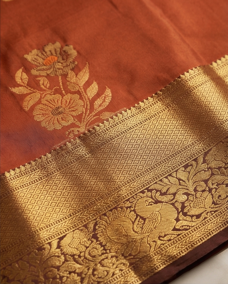 Rust Orange Semi Kanchipuram Silk Saree