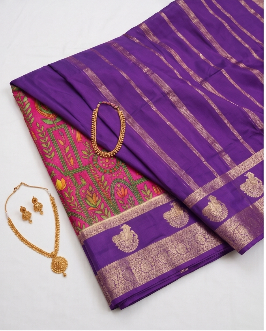 Kalamkari-Nandi design-Pink with Purple(SR-MSP18)