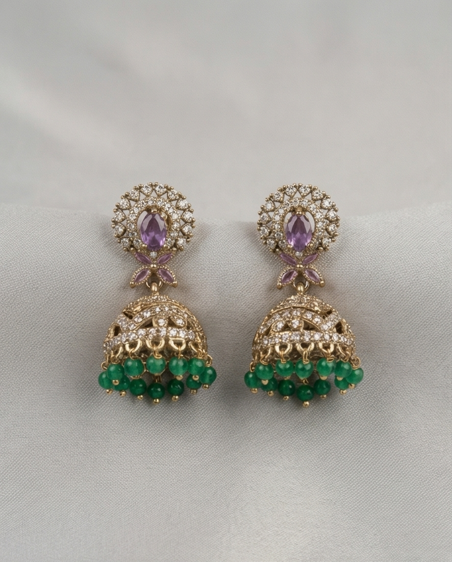 White stone with green crystal bead hanging Jumka (NRW7)