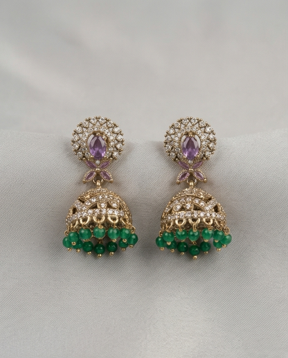 White stone with green crystal bead hanging Jumka (NRW7)