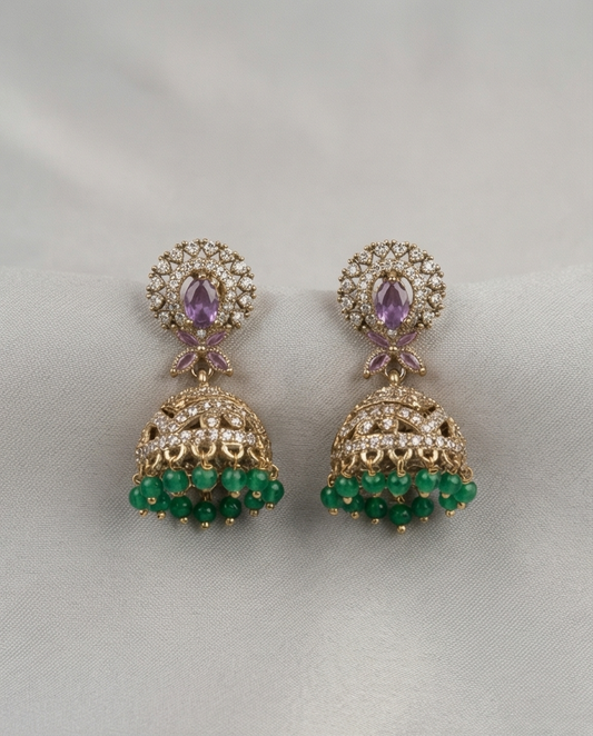 White stone with green crystal bead hanging Jumka (NRW7)