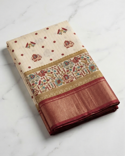 Soft Weave Saree – with Elephant Motifs - SR-PSMP61-Cream & Maroon