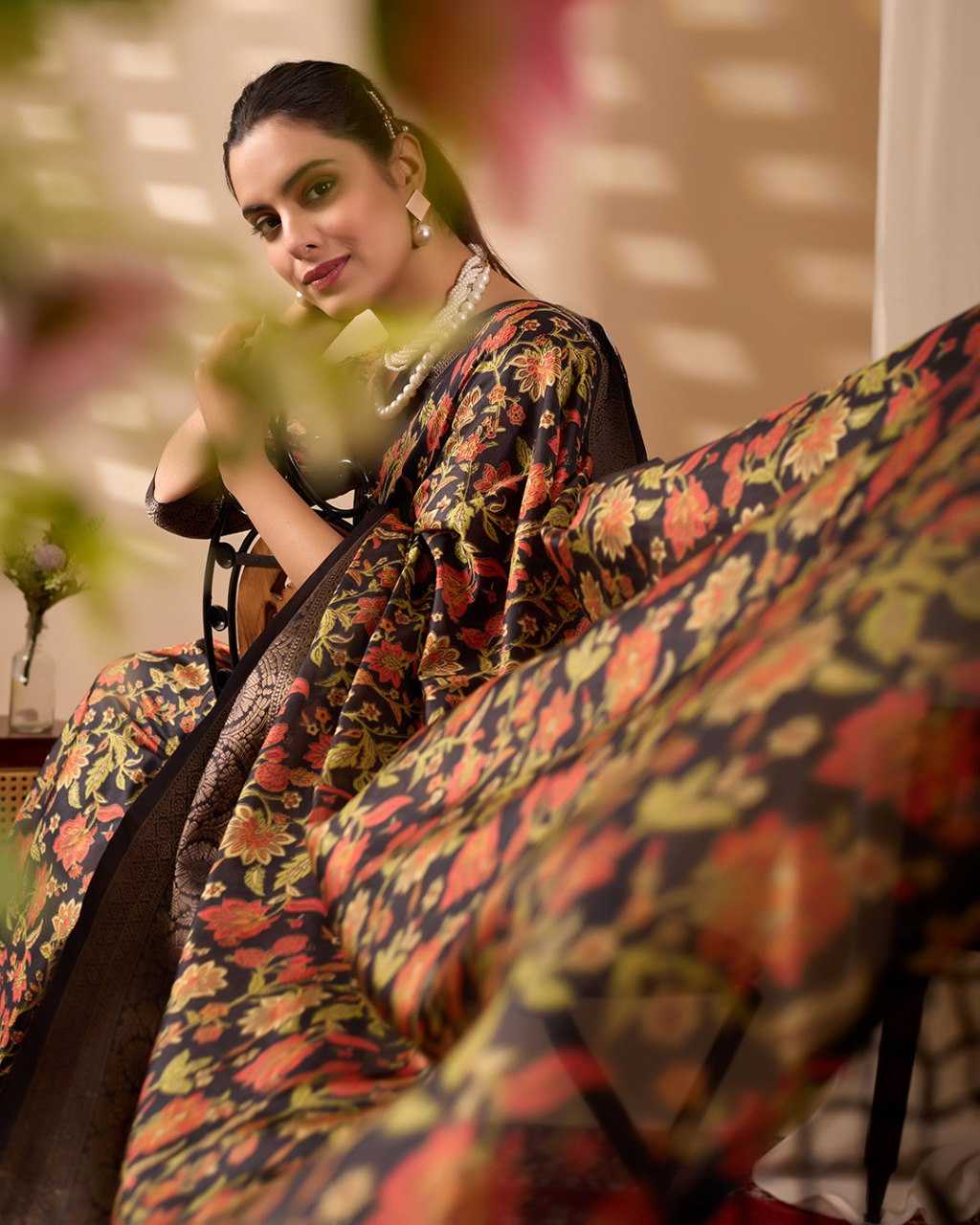 Black Lichi Silk Saree with Multicolour Floral Print & Dark Zari Border - SR-KEP13