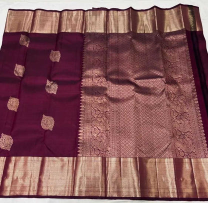 Deep Plum Banarasi Soft Silk Saree with Gold Zari Booti & Heavy Pallu - SR-KEP11