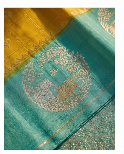 "Golden Hathi" Art Silk Saree (SR-MSP8)-Yellow with Turquoise Blue
