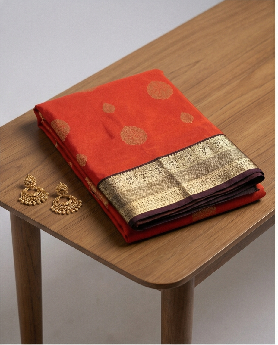 Rust Orange Pure Kanchipuram Silk Saree with Intricate Golden Zari Motifs & Rich Traditional Border - SR-MSP41