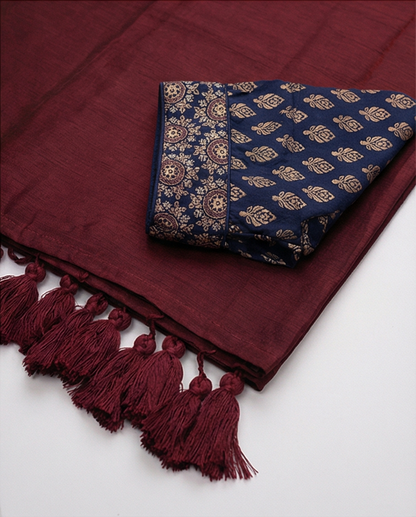 Deep Maroon Plain Saree with Navy Blue Ready Blouse - SR-KEP8