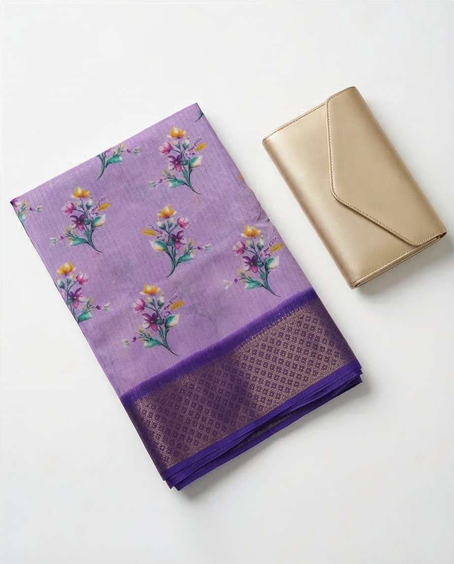 Soft Weave Saree – Purple Floral with Golden Zari Border - SR-PSMP6