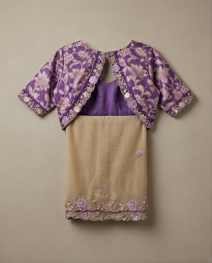 Beige Organza Saree with Purple Floral Brocade Blouse - SR-KP6