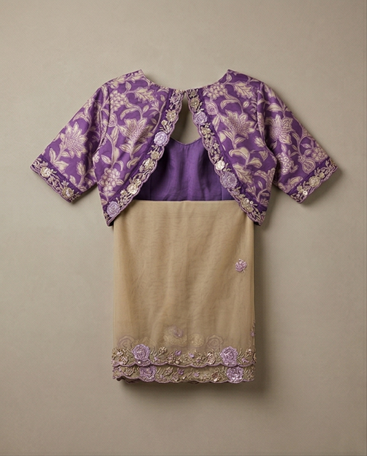 Beige Organza Saree with Purple Floral Brocade Blouse - SR-KP6