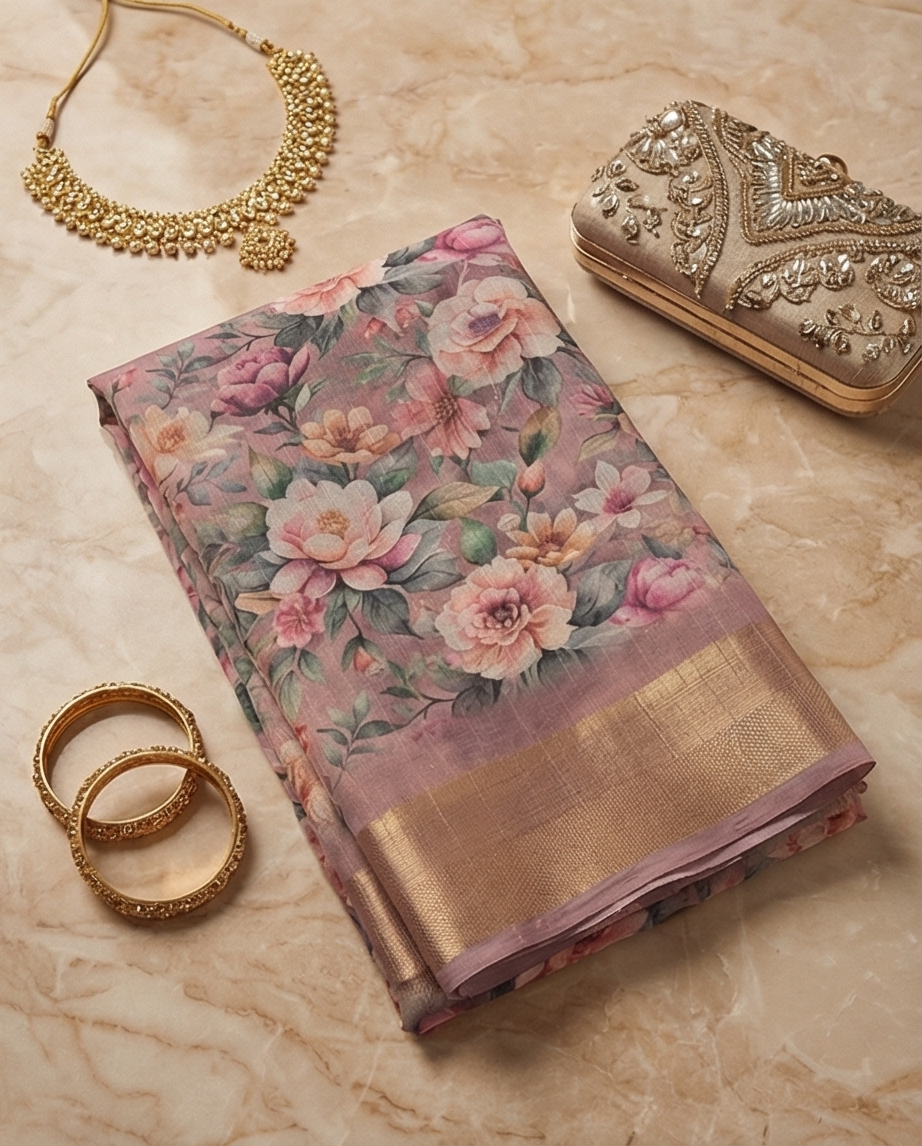 Pink Floral Synthetic Saree (SR-SP6)