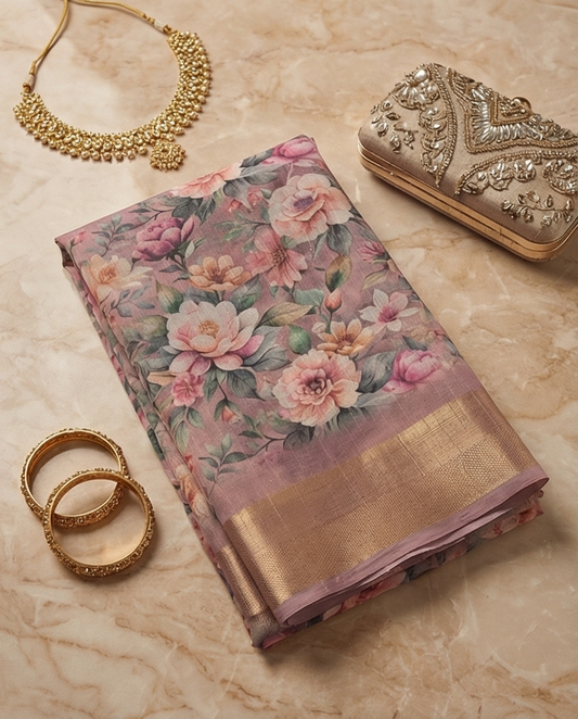 Pink Floral Synthetic Saree (SR-SP6)