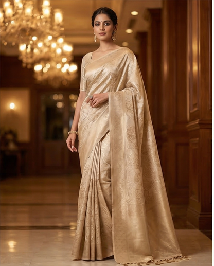 Soft Weave Saree – Beige/Champagne with Floral Pattern - SR-PSMP11