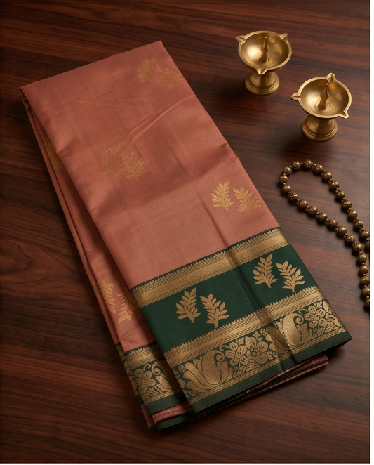 Semi silk saree with leaf and floral motifs.saree -  rose/pinkish-brown body and a dark green border (SR-PSMP25)