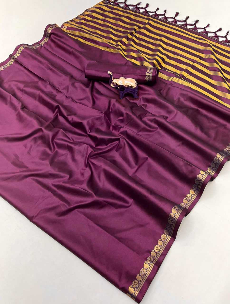 Deep Wine Semi Mysore Silk Saree with Gold Stripe Pallu & Zari Border - SR-KEP6