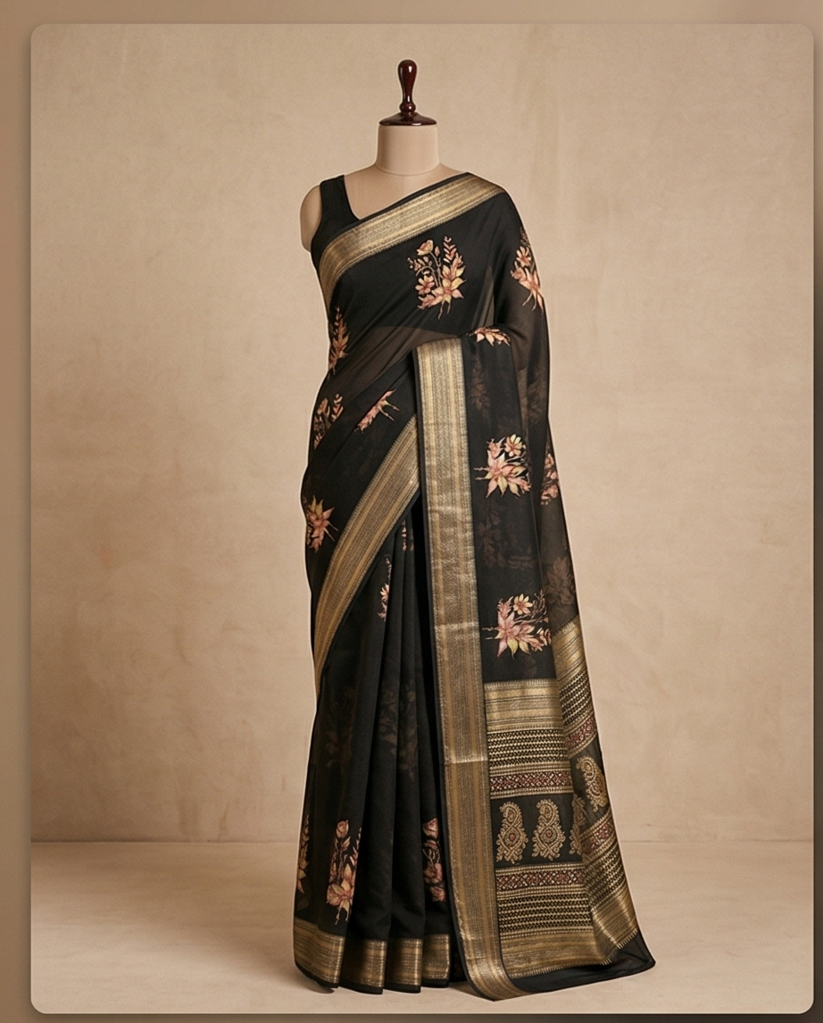 Black Floral Synthetic Saree (SR-SP15)