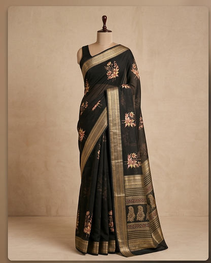 Black Floral Synthetic Saree (SR-SP15)