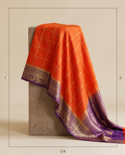 Classic Checkered Silk Saree with Grand Zari Border -orange with dark purple (SR-PSMP38)