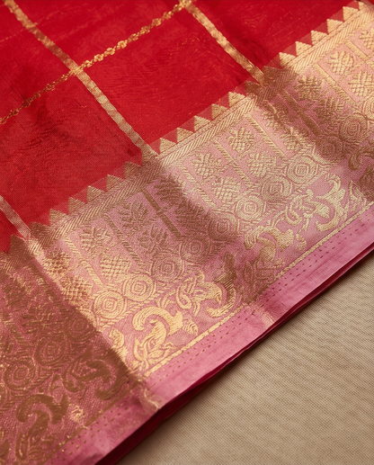 Classic Checkered Silk Saree with Grand Zari Border-Red with Pink (SR-PSMP33)