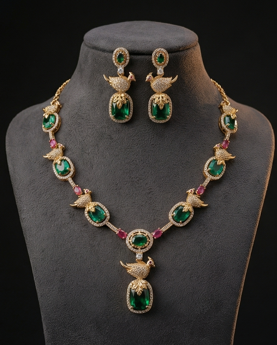 Premium quality white stone with parrot Necklace with Earrings (NRW30)