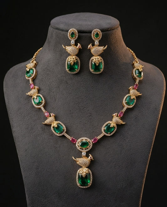 Premium quality white stone with parrot Necklace with Earrings (NRW30)