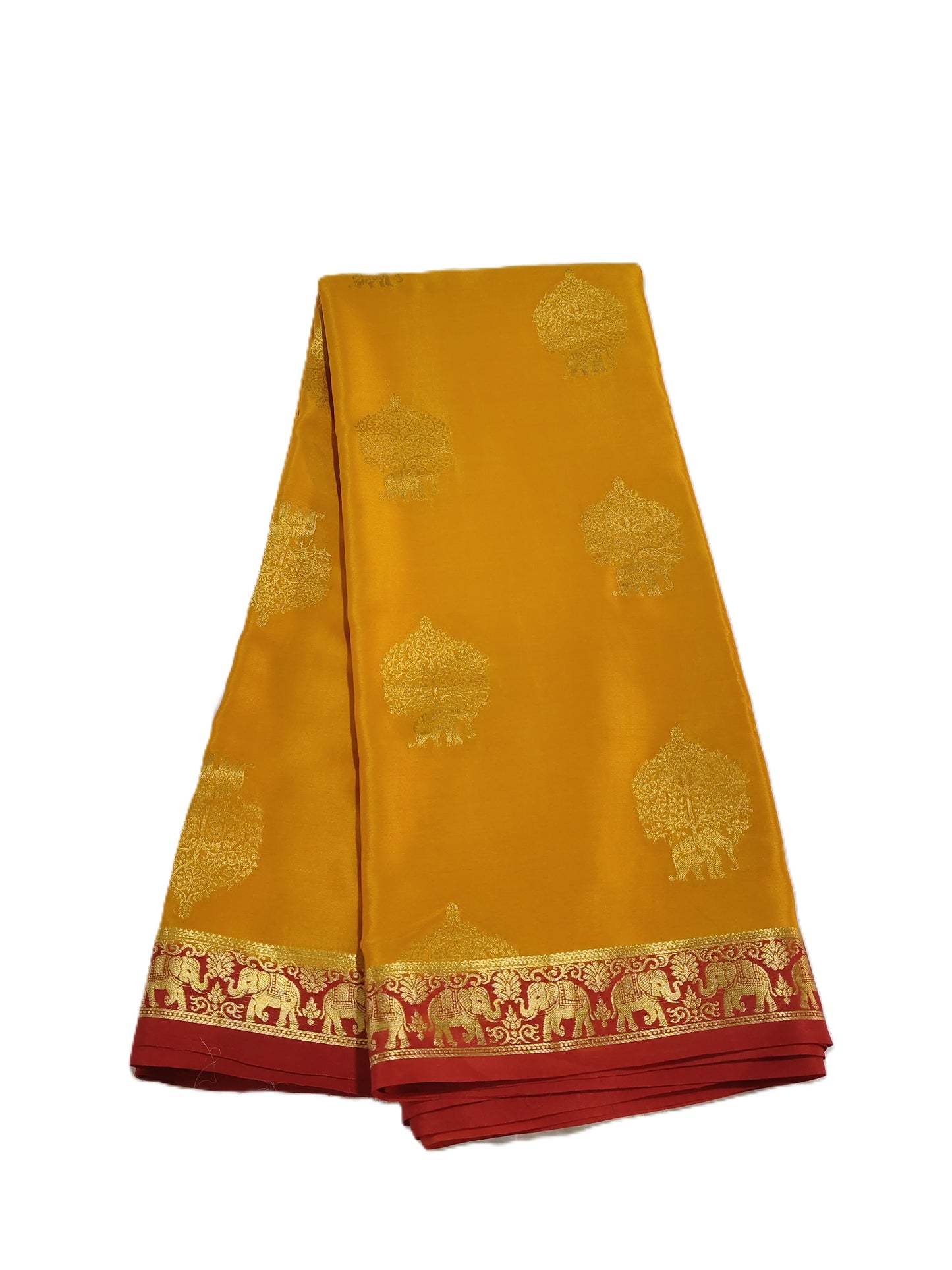 Pure Mysore Silk Saree with traditional elephant and floral designs(120gsm) - SR-PSMP4-Golden Yellow & Red