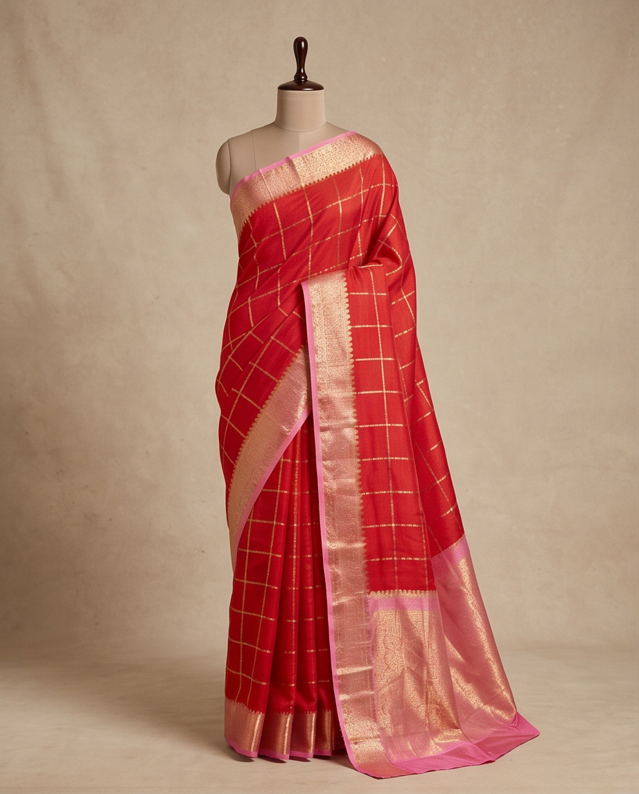 Classic Checkered Silk Saree with Grand Zari Border-Red with Pink (SR-PSMP33)