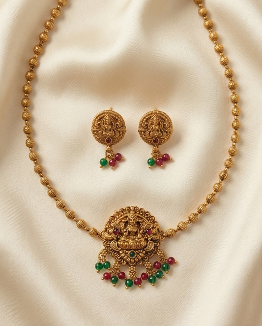 Lakshmi pendant golden beads choker with Earrings (NRW28)