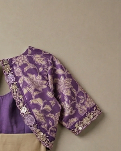 Beige Organza Saree with Purple Floral Brocade Blouse - SR-KP6