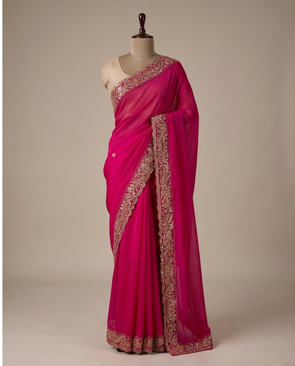 Pink Designer Saree with Net Embroidery Blouse Piece (SR-SP41)